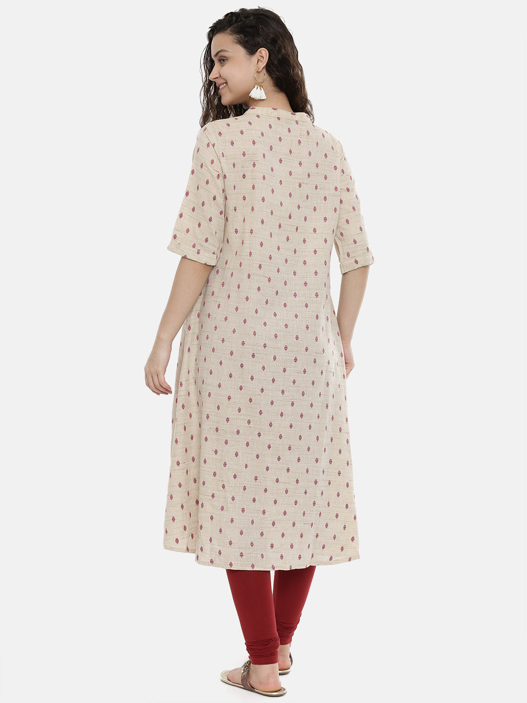 Neerus Women Cream-Coloured Maroon Woven Design A-Line Kurta