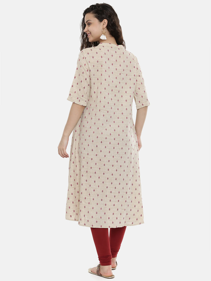 Neerus Women Cream-Coloured Maroon Woven Design A-Line Kurta
