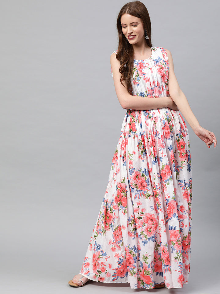 Neerus Women White Printed Maxi Dress With Pleated Detail