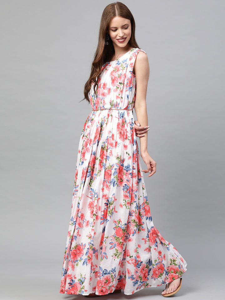 Neerus Women White Printed Maxi Dress With Pleated Detail