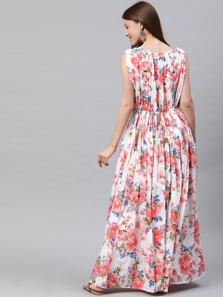 Neerus Women White Printed Maxi Dress With Pleated Detail