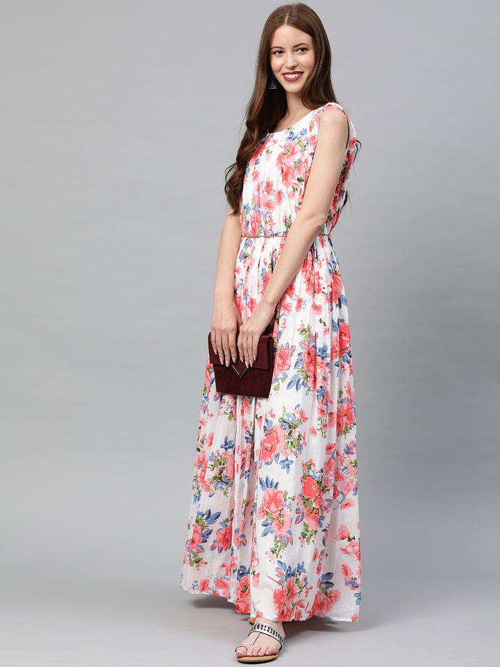 Neerus Women White Printed Maxi Dress With Pleated Detail