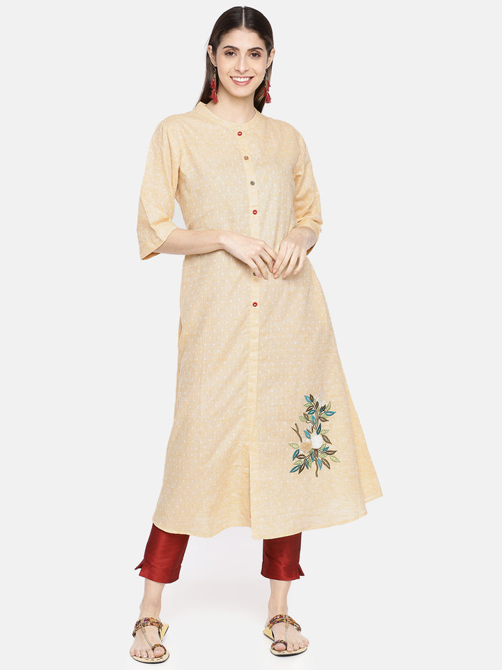 Neerus Beige Embroidered A Line Kurta