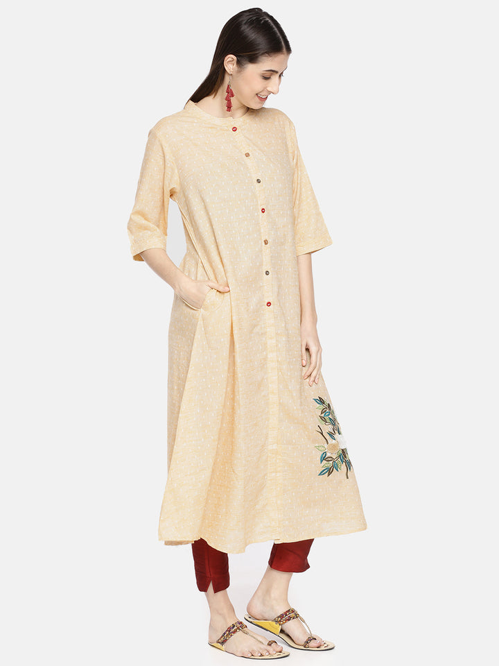 Neerus Beige Embroidered A Line Kurta