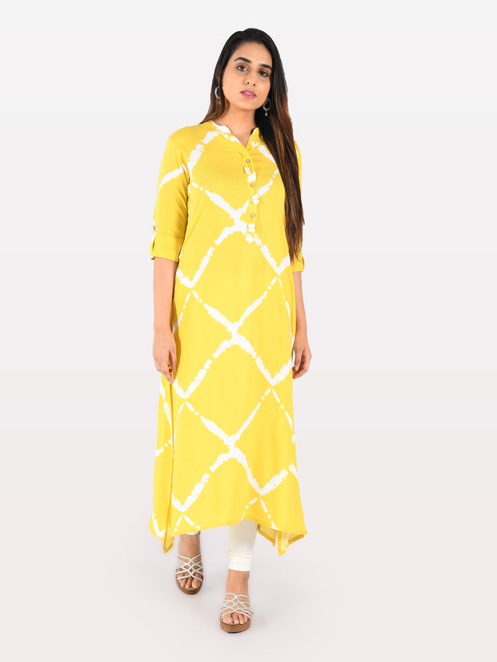 Neerus Yellow rayon printed kurti - back view