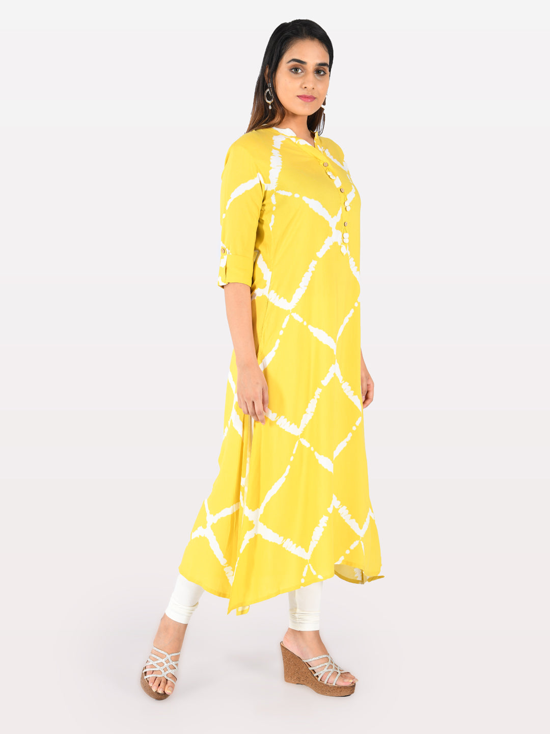 Neerus Yellow rayon printed kurti - side view