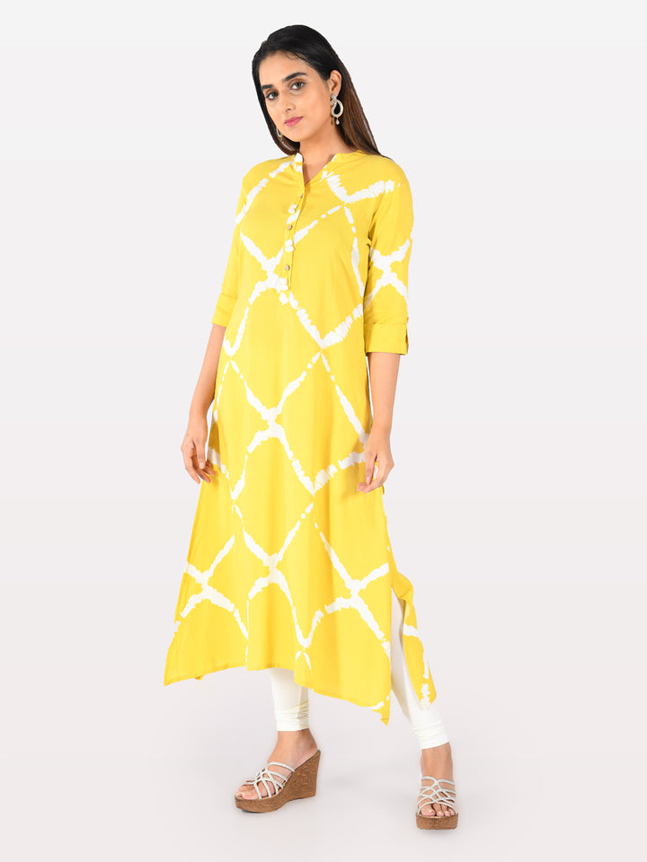 Neerus Yellow rayon printed kurti - detail view 2