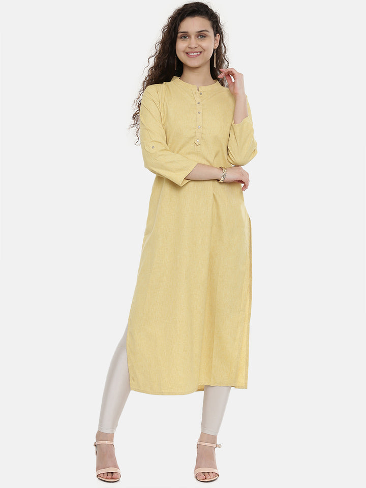 Neerus Yellow cotton solid A-Line kurta - front view
