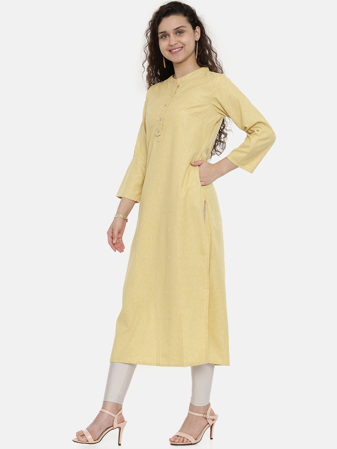 Neerus Yellow cotton solid A-Line kurta - detail view 1