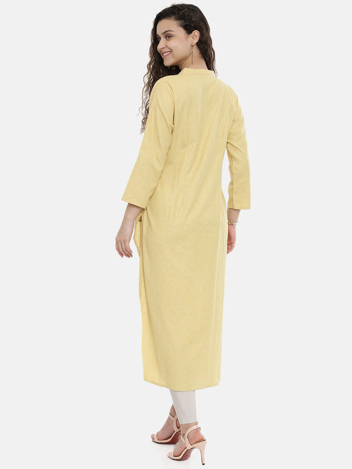 Neerus Yellow cotton solid A-Line kurta - detail view 2