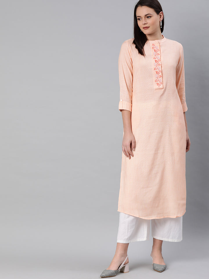 Neerus Pink rayon embroidered straight kurta - front view