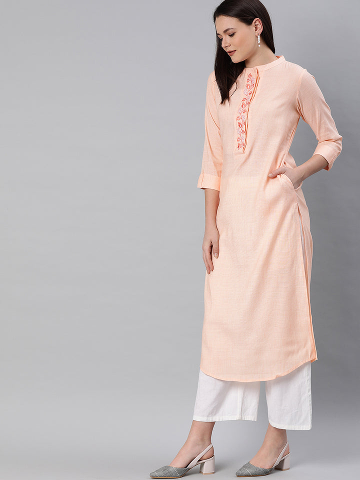 Neerus Pink rayon embroidered straight kurta - side view