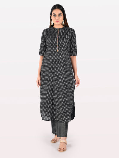 Neeru's Women Black Off-White Printed Kurta With Trousers