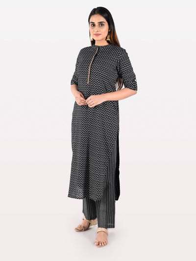Neeru's Women Black Off-White Printed Kurta With Trousers