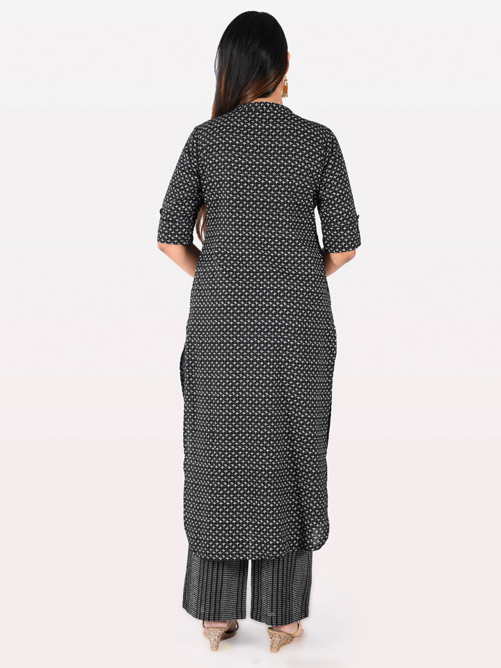 Neerus Black slub cotton printed kurta set - detail view 2