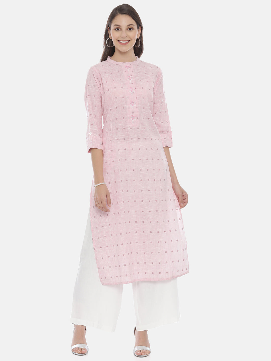 Neerus Pink slub cotton straight kurti - front view