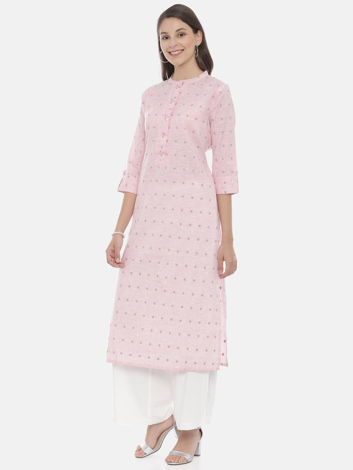Neerus Pink slub cotton straight kurti - side view