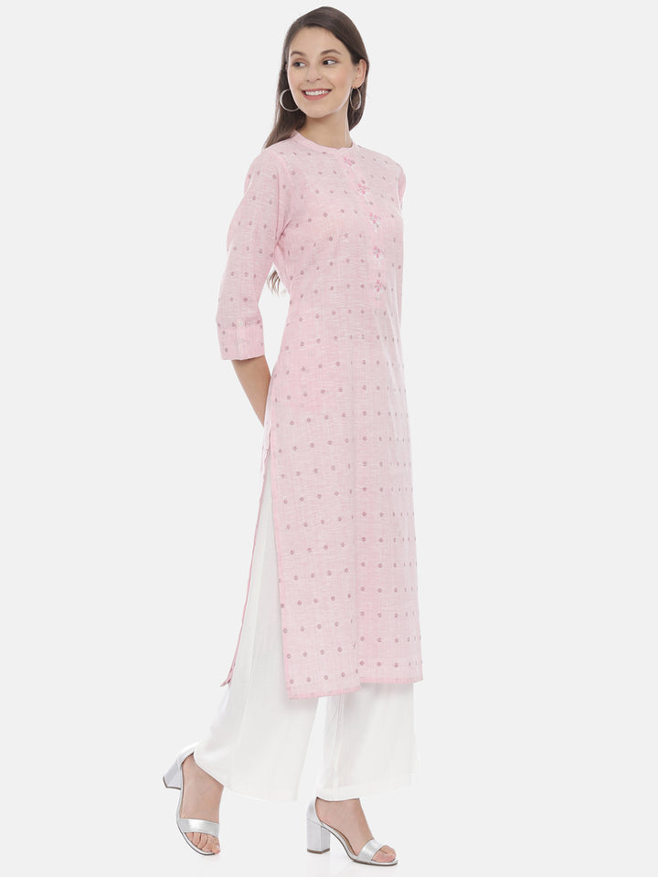 Neerus Pink slub cotton straight kurti - detail view 1