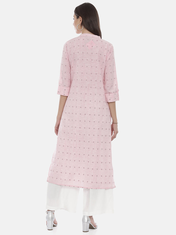Neerus Pink slub cotton straight kurti - detail view 2