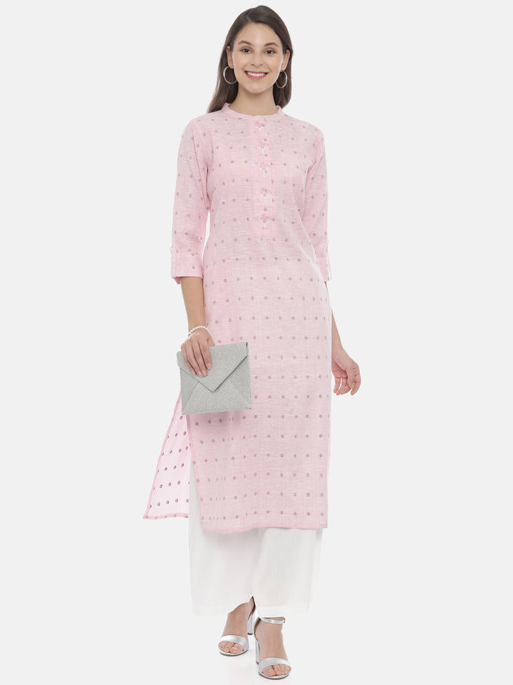 Neerus Pink slub cotton straight kurti - detail view 3