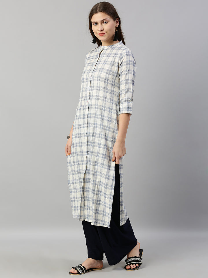 Neerus White Check Straight Kurta