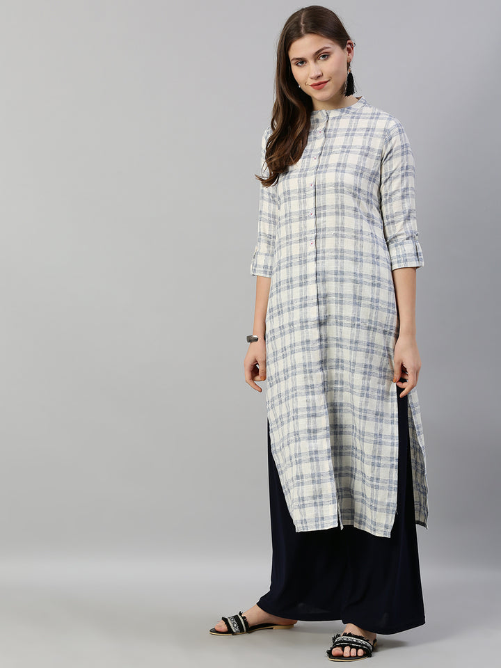 Neerus White Check Straight Kurta