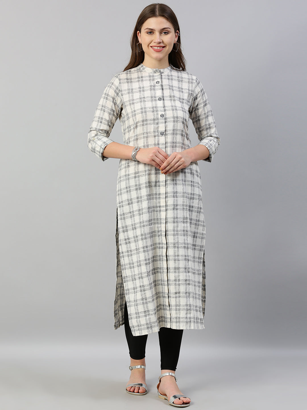 Neeru's Women White Grey Checked Straight Kurta With Embroidery