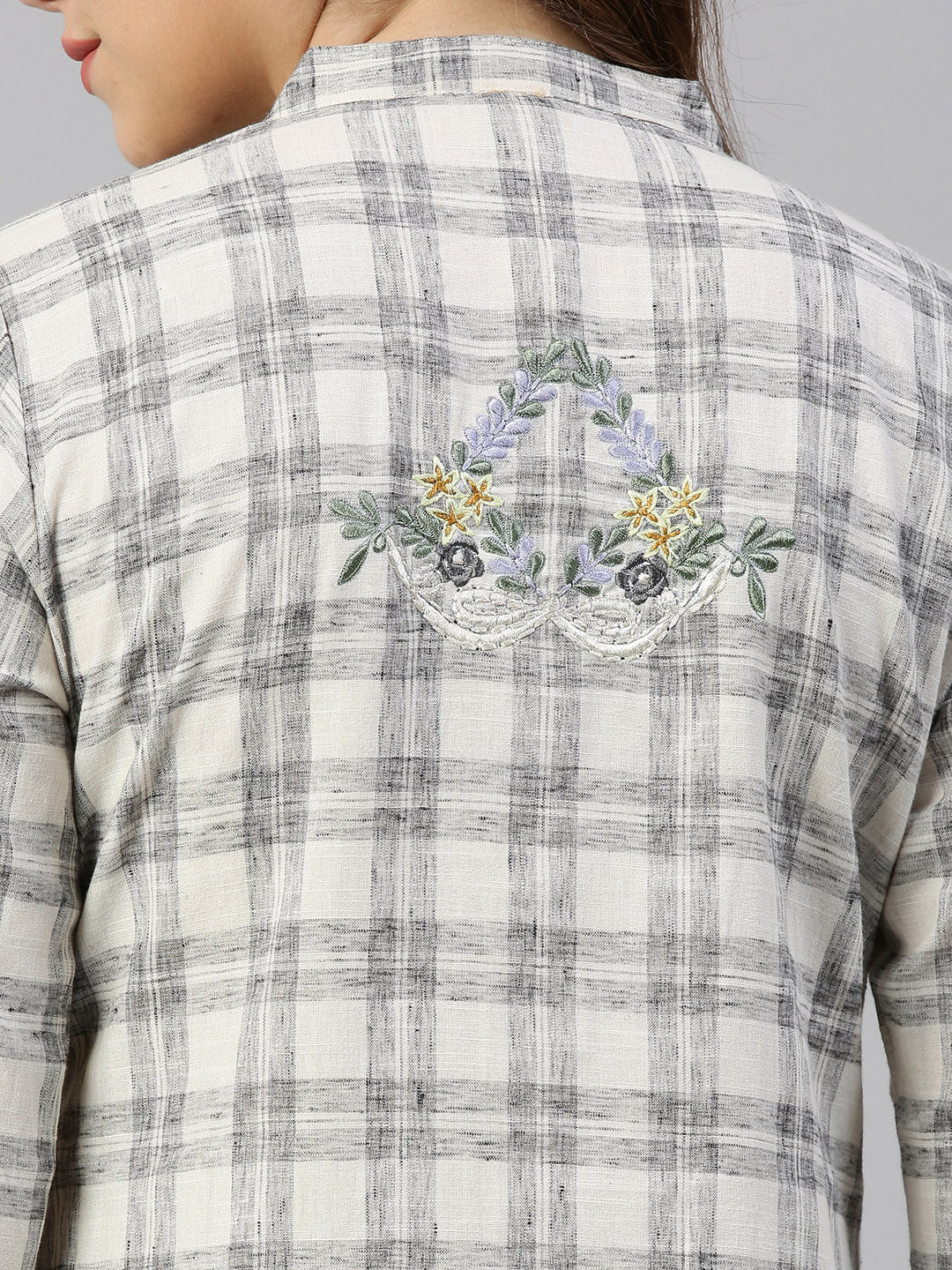 Neerus White checked embroidered straight kurti - back view