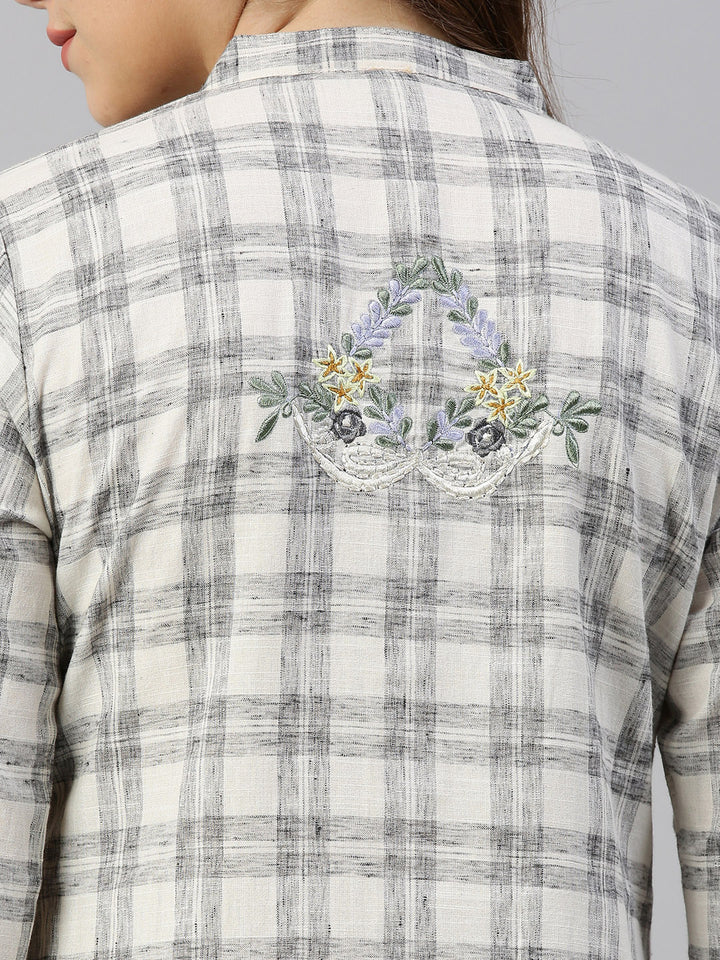 Neerus White checked embroidered straight kurti - back view