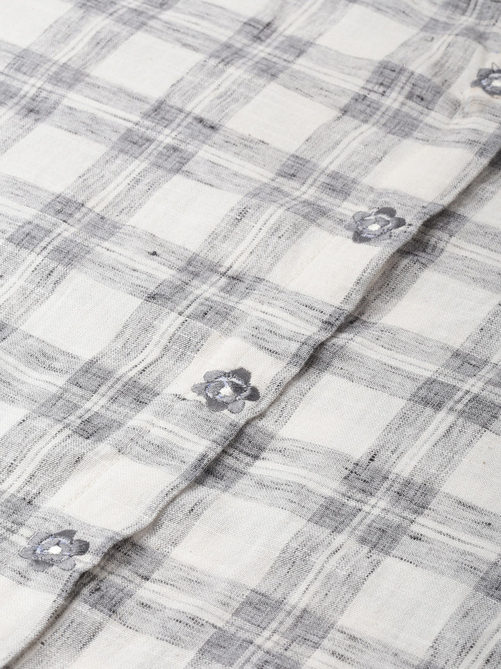 Neerus White checked embroidered straight kurti - side view