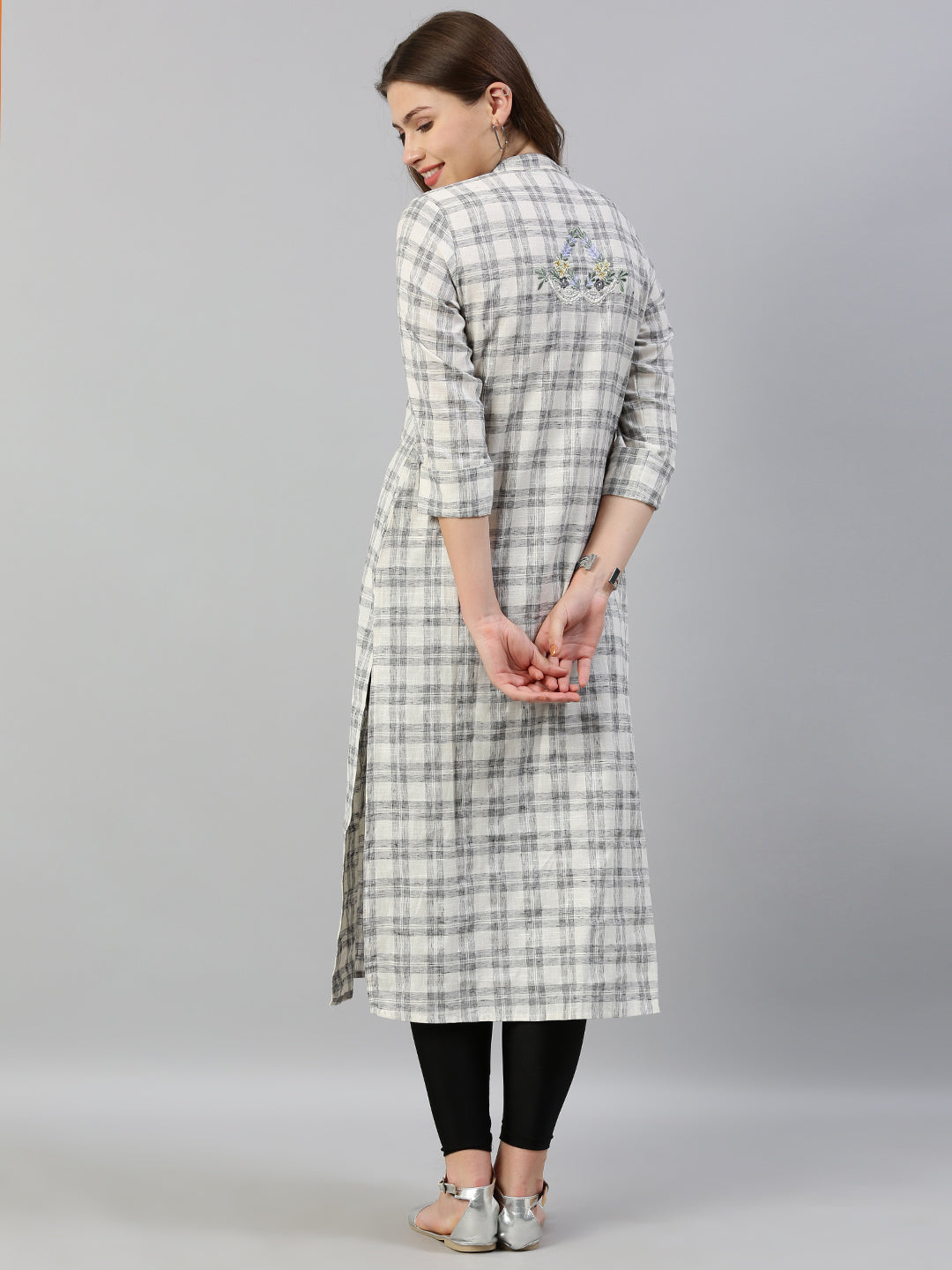 Neerus White checked embroidered straight kurti - detail view 3