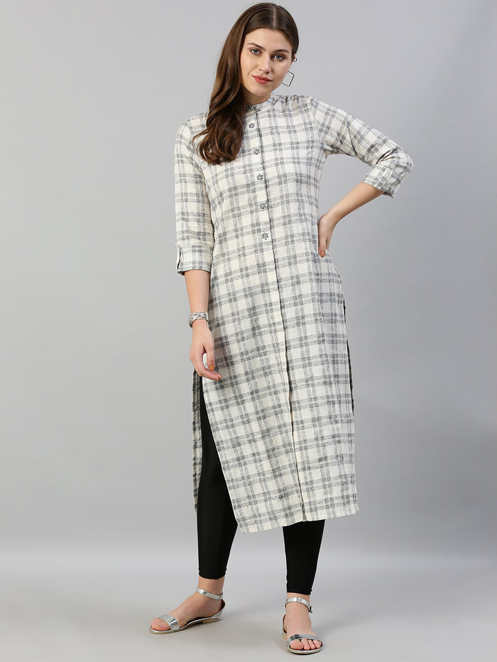 Neerus White checked embroidered straight kurti - detail view 4