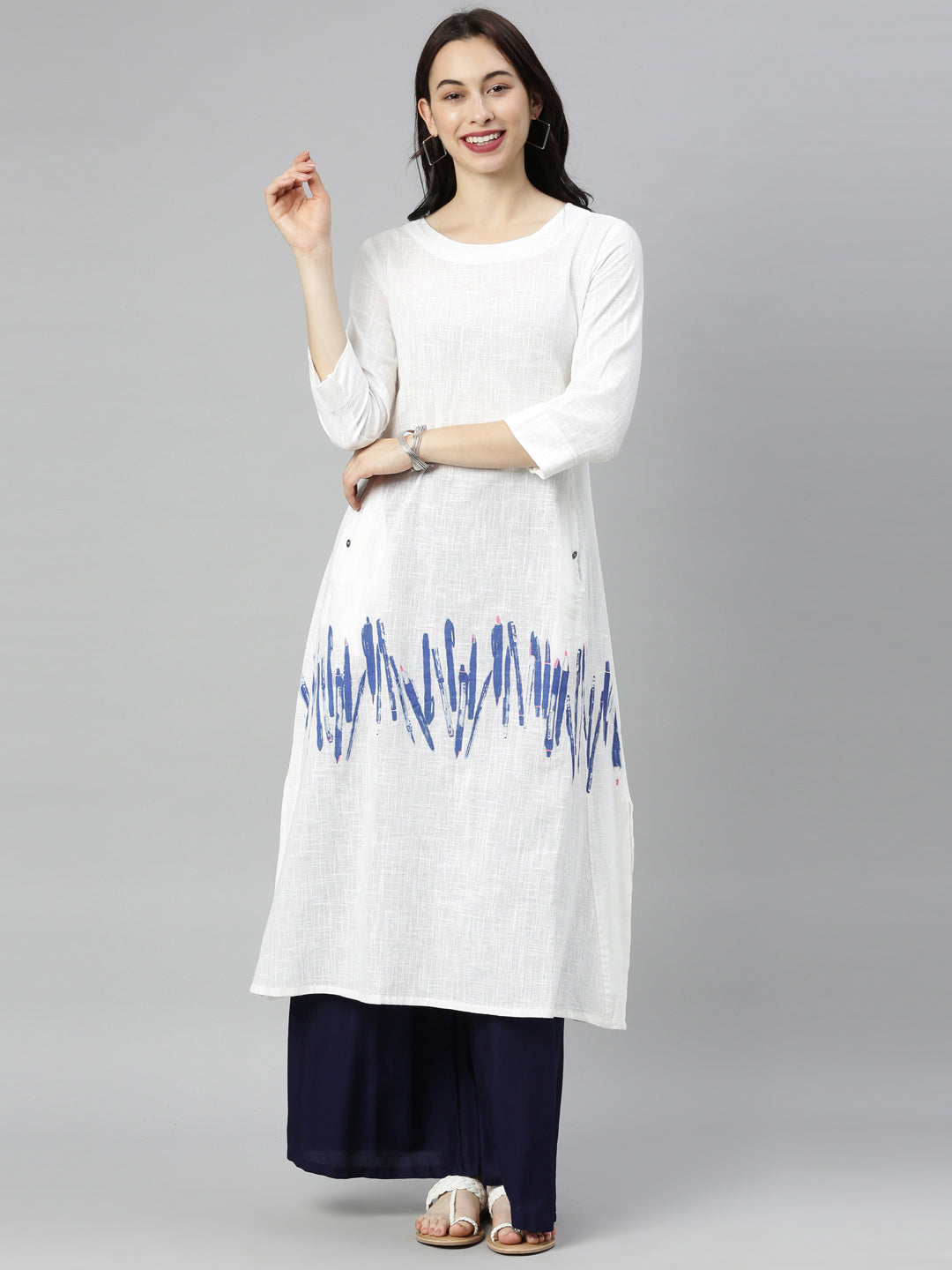 Neerus White Printed A Line Kurta