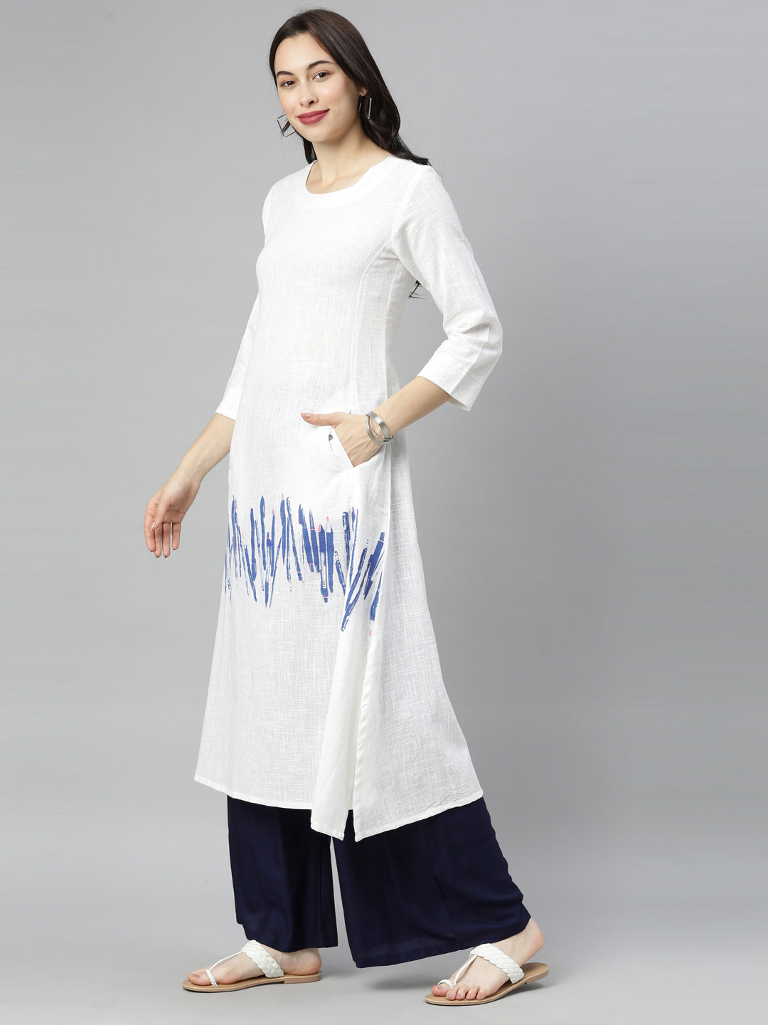 Neerus White Printed A Line Kurta