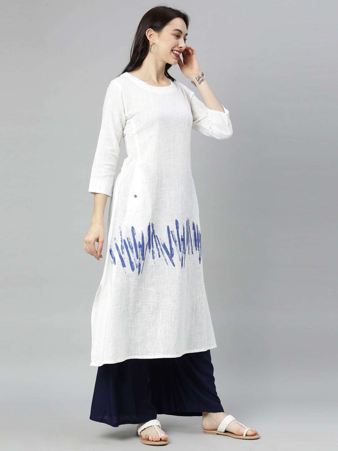 Neerus White Printed A Line Kurta