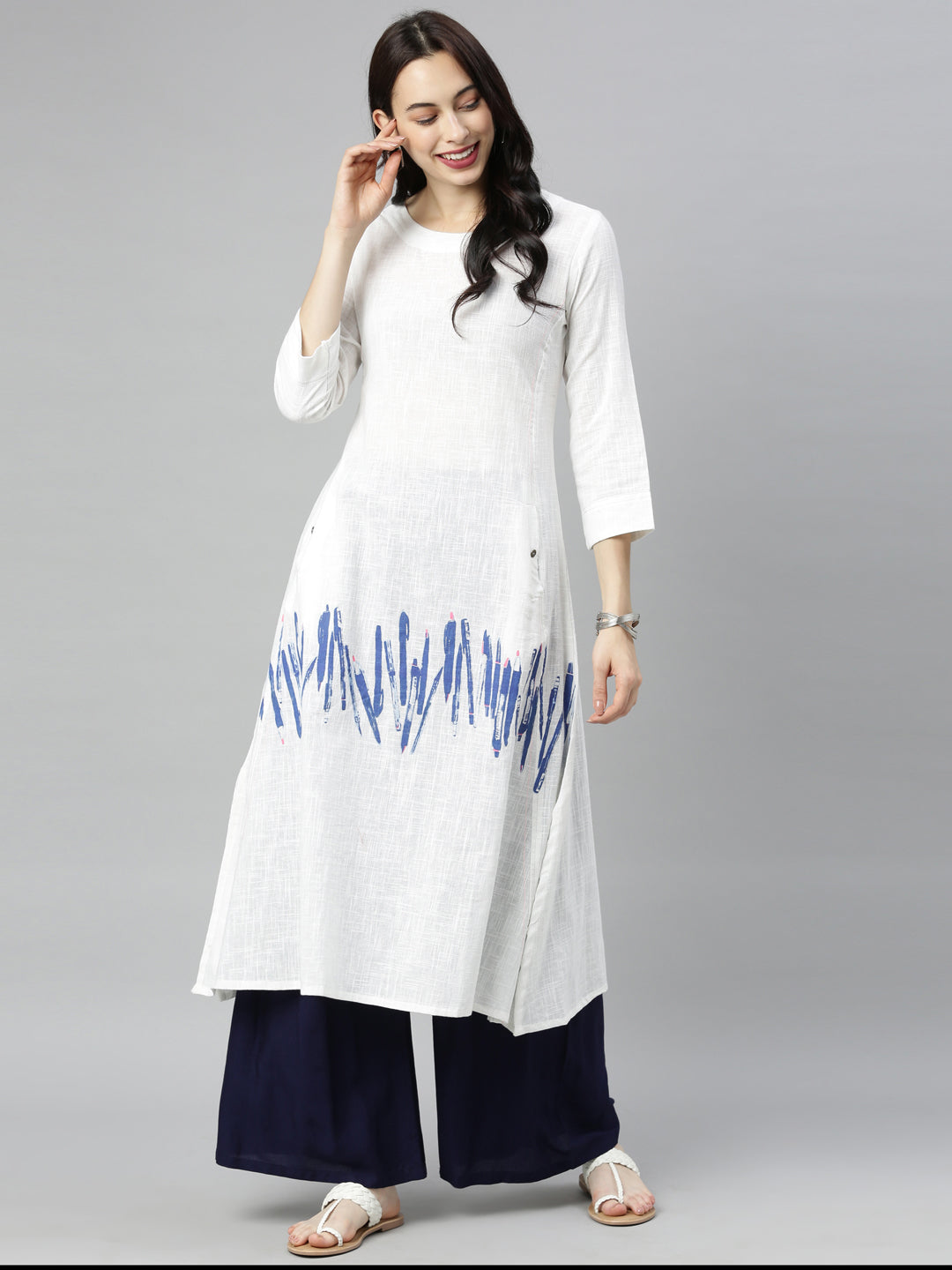 Neerus White Printed A Line Kurta