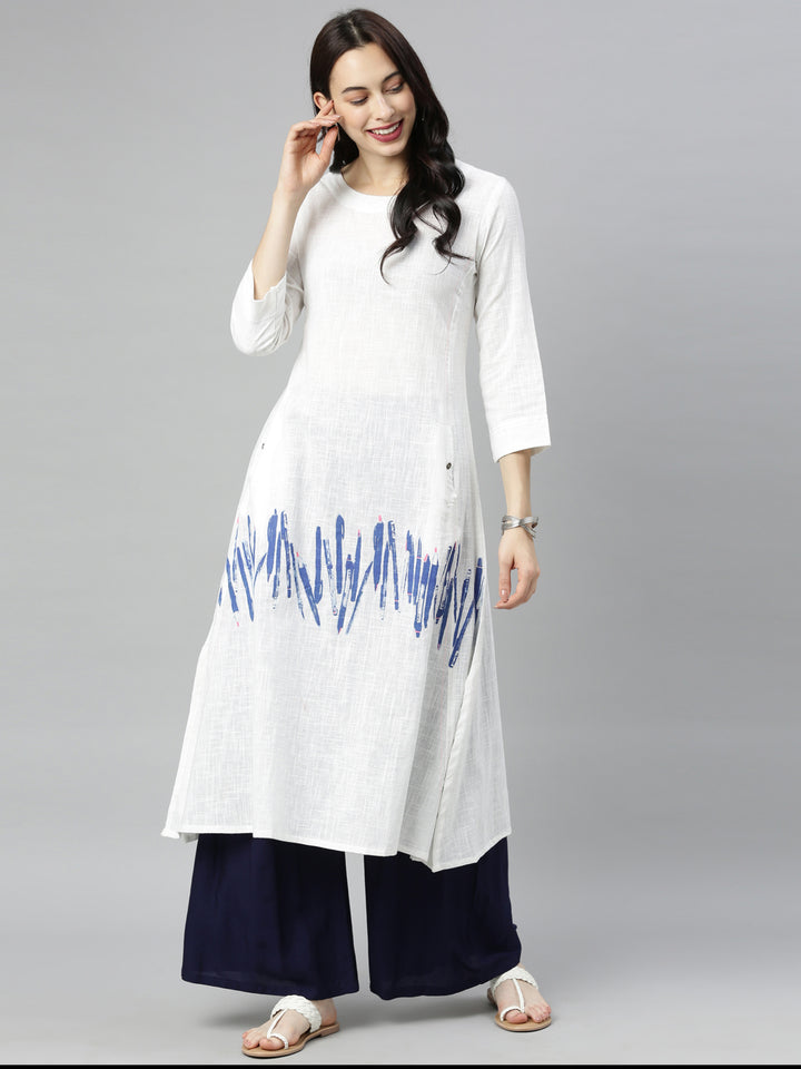 Neerus White Printed A Line Kurta
