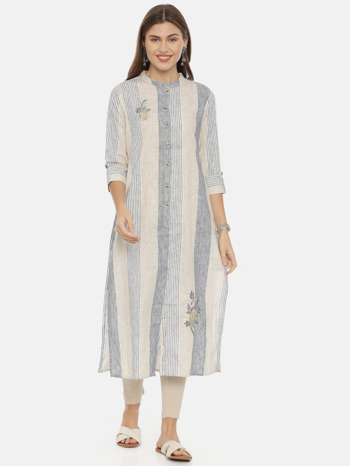 Neerus Grey cotton printed straight kurta - front view