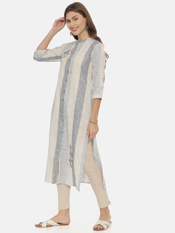 Neerus Grey cotton printed straight kurta - side view