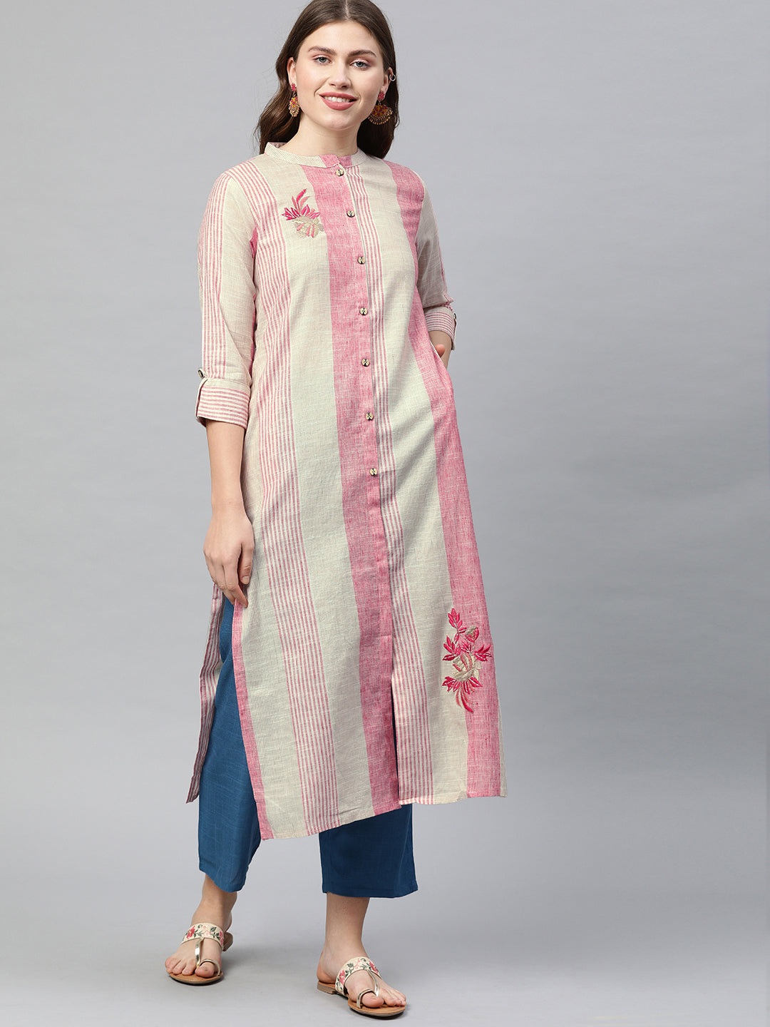 Neerus Pink cotton embroidered straight kurta - front view