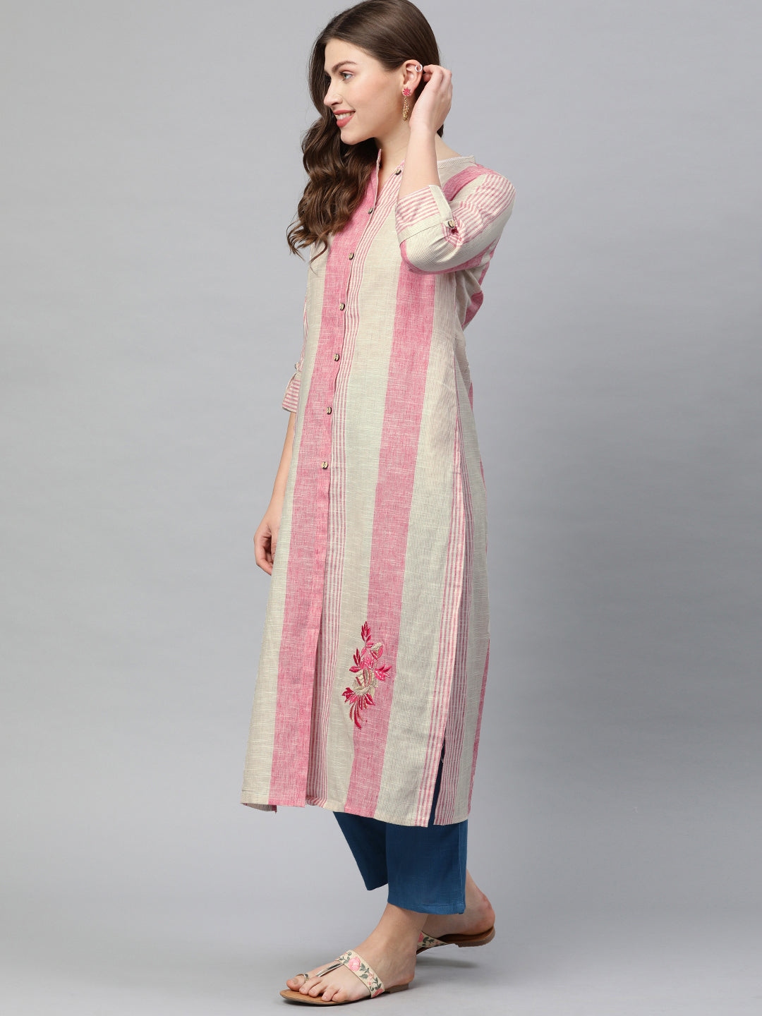 Neerus Pink cotton embroidered straight kurta - side view