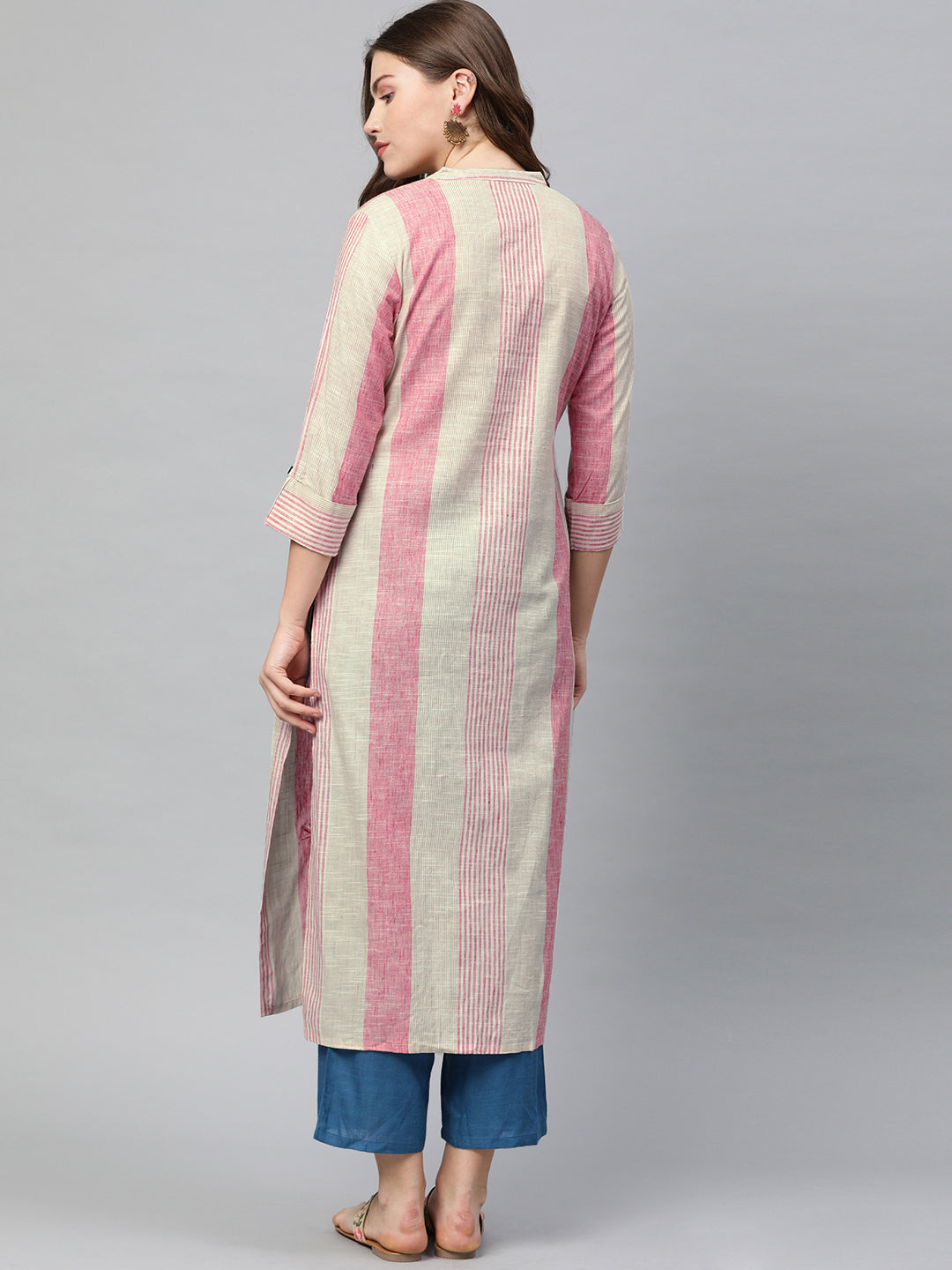 Neerus Pink cotton embroidered straight kurta - detail view 1