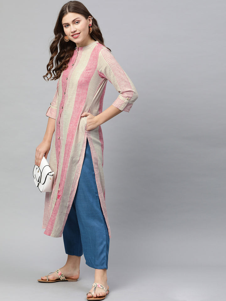 Neerus Pink cotton embroidered straight kurta - detail view 2
