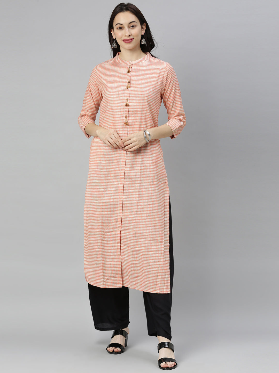 Neerus Orange Check Straight Kurta