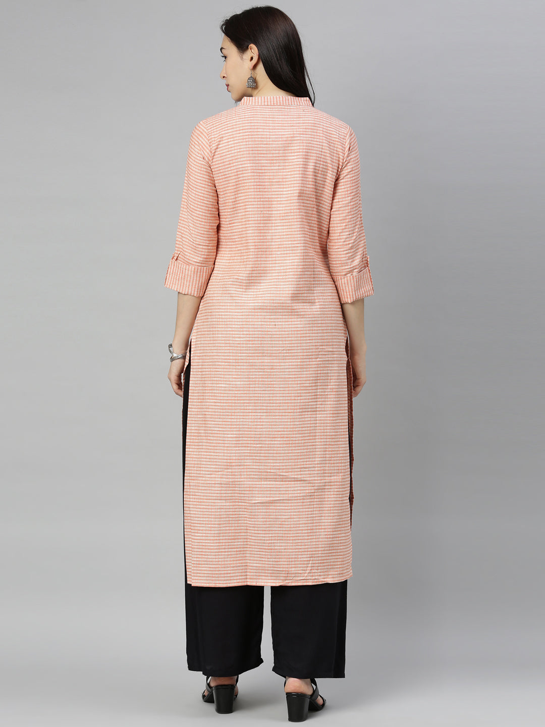 Neerus Orange Check Straight Kurta