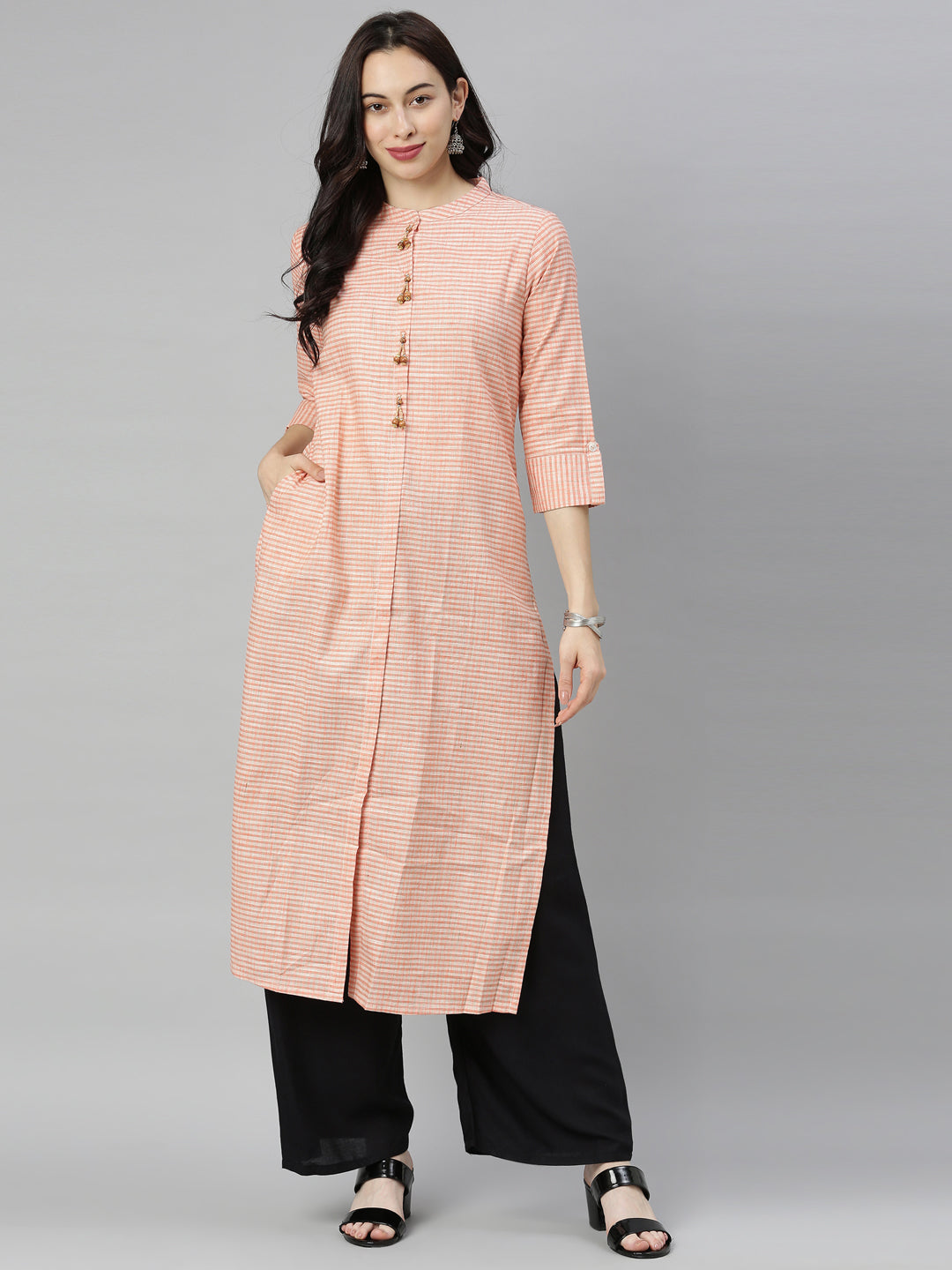 Neerus Orange Check Straight Kurta