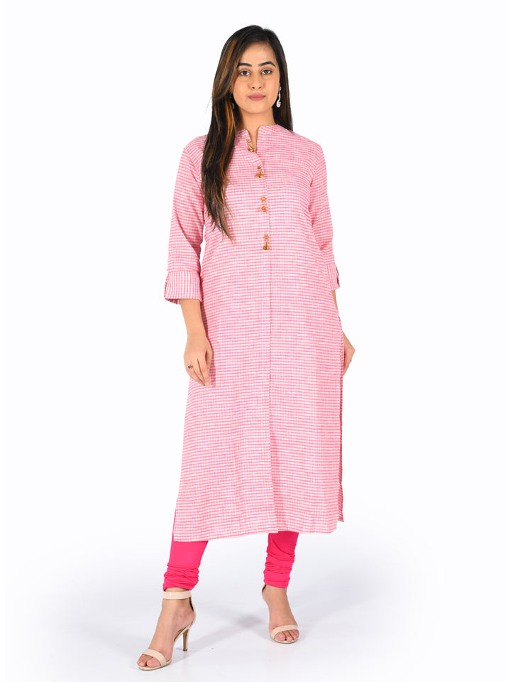 Neerus Pink cotton printed straight kurta - front view