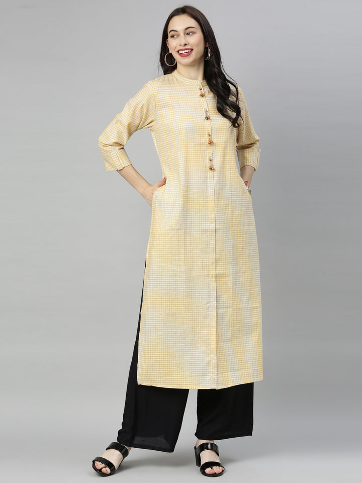 Neerus Yellow Checkss A Line Kurta