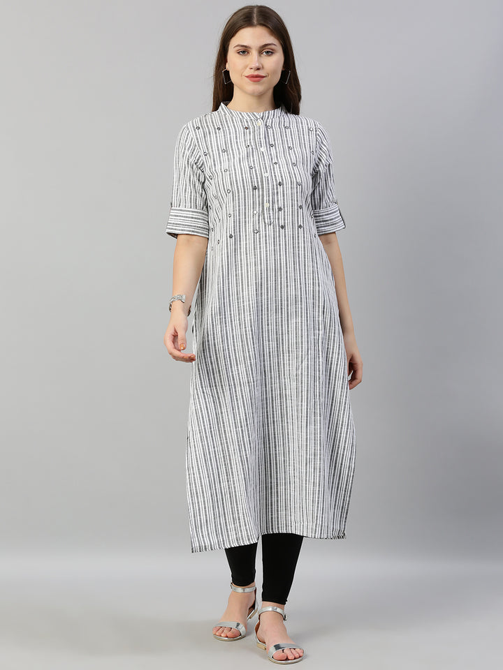 Neerus Women Grey White Striped Straight Kurta With Mirror Work