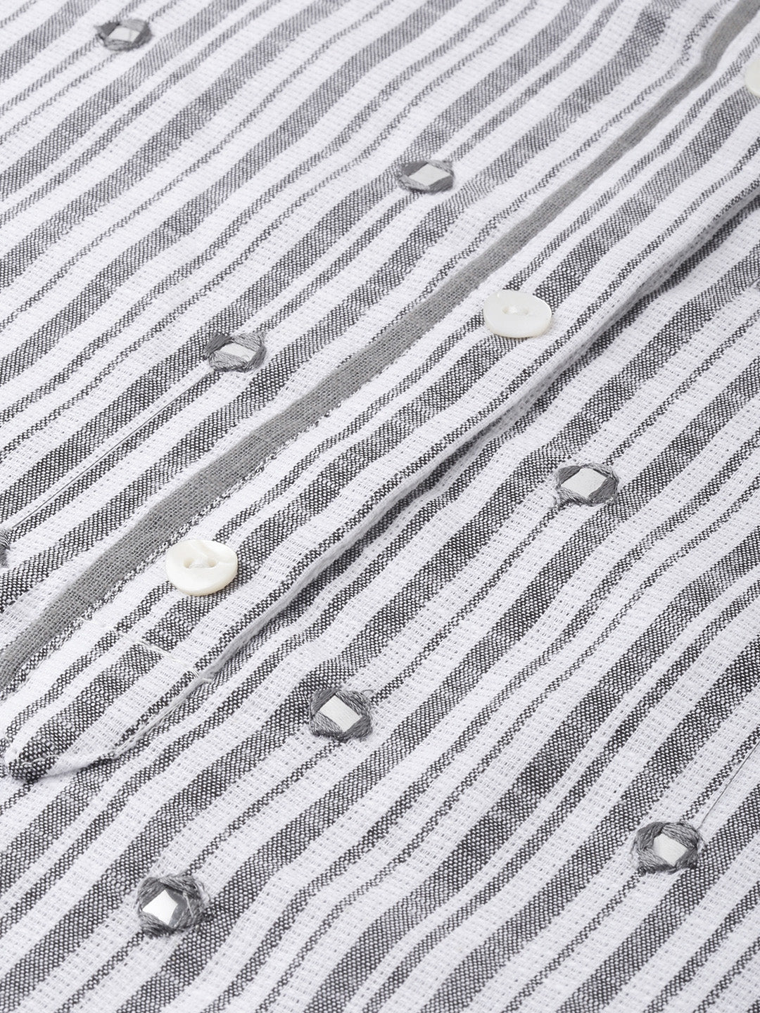 Neerus Women Grey White Striped Straight Kurta With Mirror Work